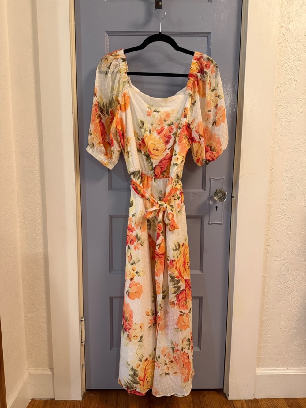 Anne Klein Cream Maxi Dress with Orange and Yellow Floral Print